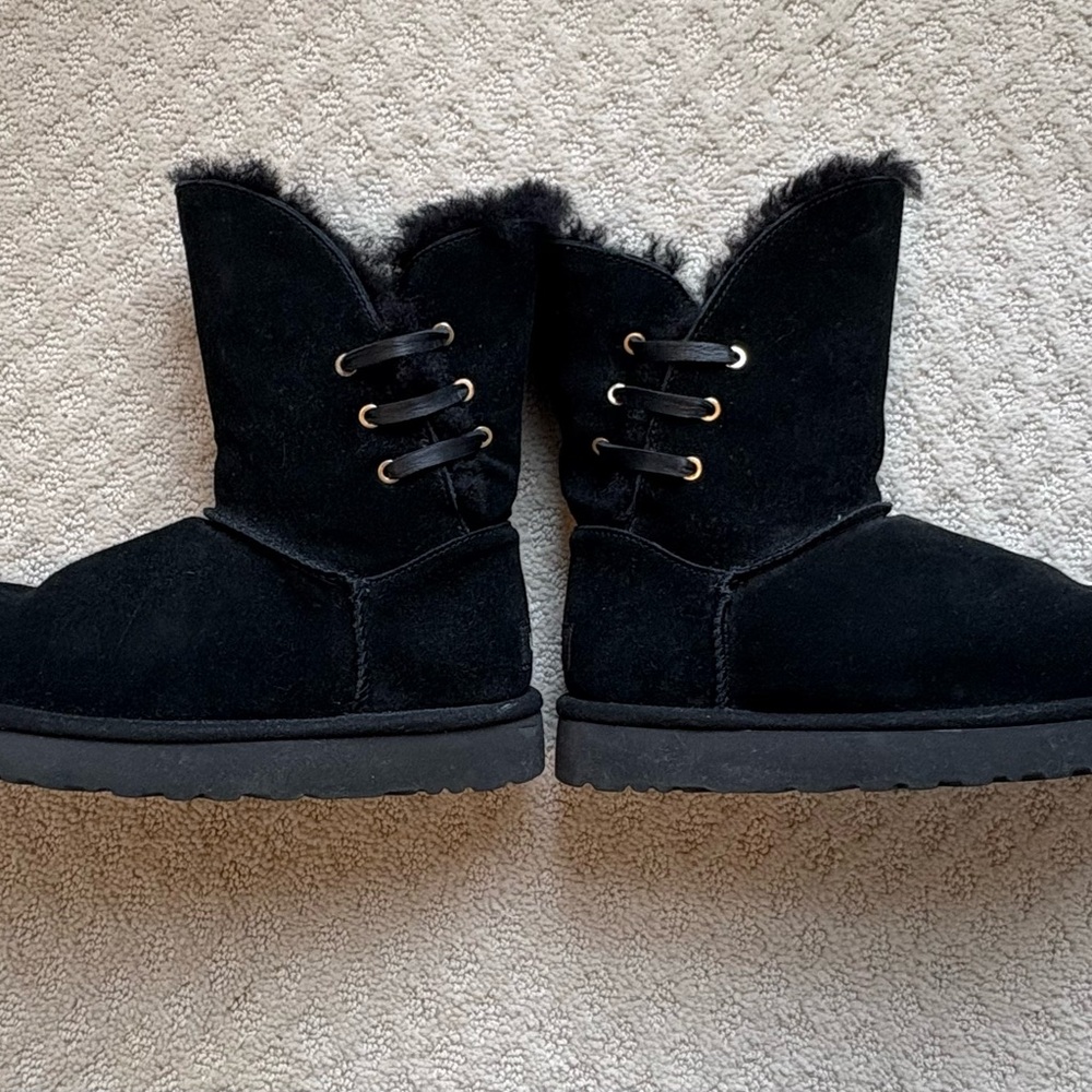 UGG Black Suede Boots with Fur Trim
